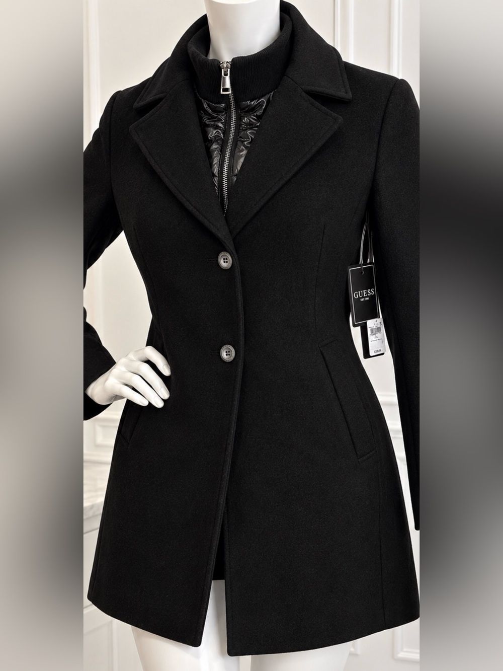 GUESS Women's Black Tailored Wool-Blend Coat